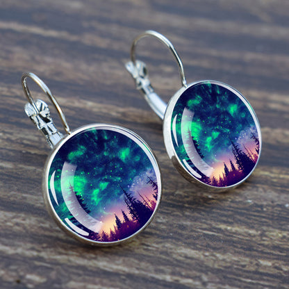 Luminous Aurora Borealis Hook Earrings - Northern Lights Jewelry - Unique Glass Cabochon Drop Earrings - Perfect Aurora Lovers Gift