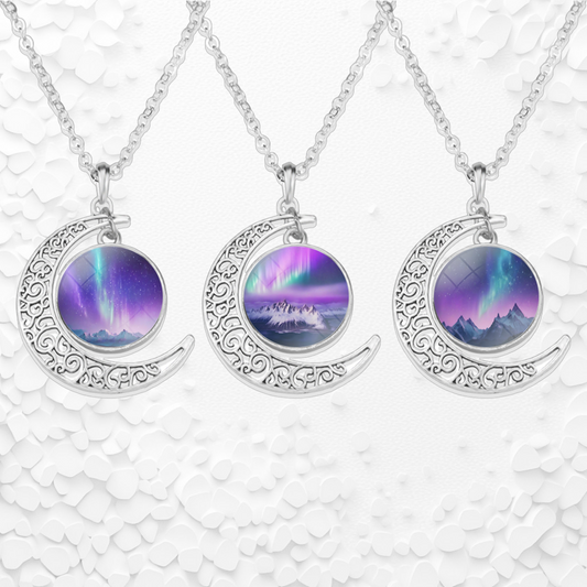 Luminous Aurora Borealis Crescent Necklace- Northern Light Jewelry - Unique Crescent Glass Cabochon Pendent Necklace - Perfect Aurora Lovers Gift