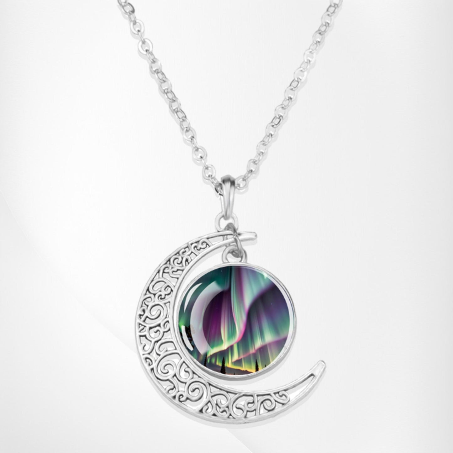 Luminous Aurora Borealis Crescent Necklace- Northern Light Jewelry - Unique Crescent Glass Cabochon Pendent Necklace - Perfect Aurora Lovers Gift