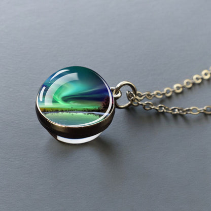 Luminous Aurora Borealis Silver Necklace- Northern Light Jewelry - Unique Double Side Glass Ball Pendent Necklace - Perfect Aurora Lovers Gift