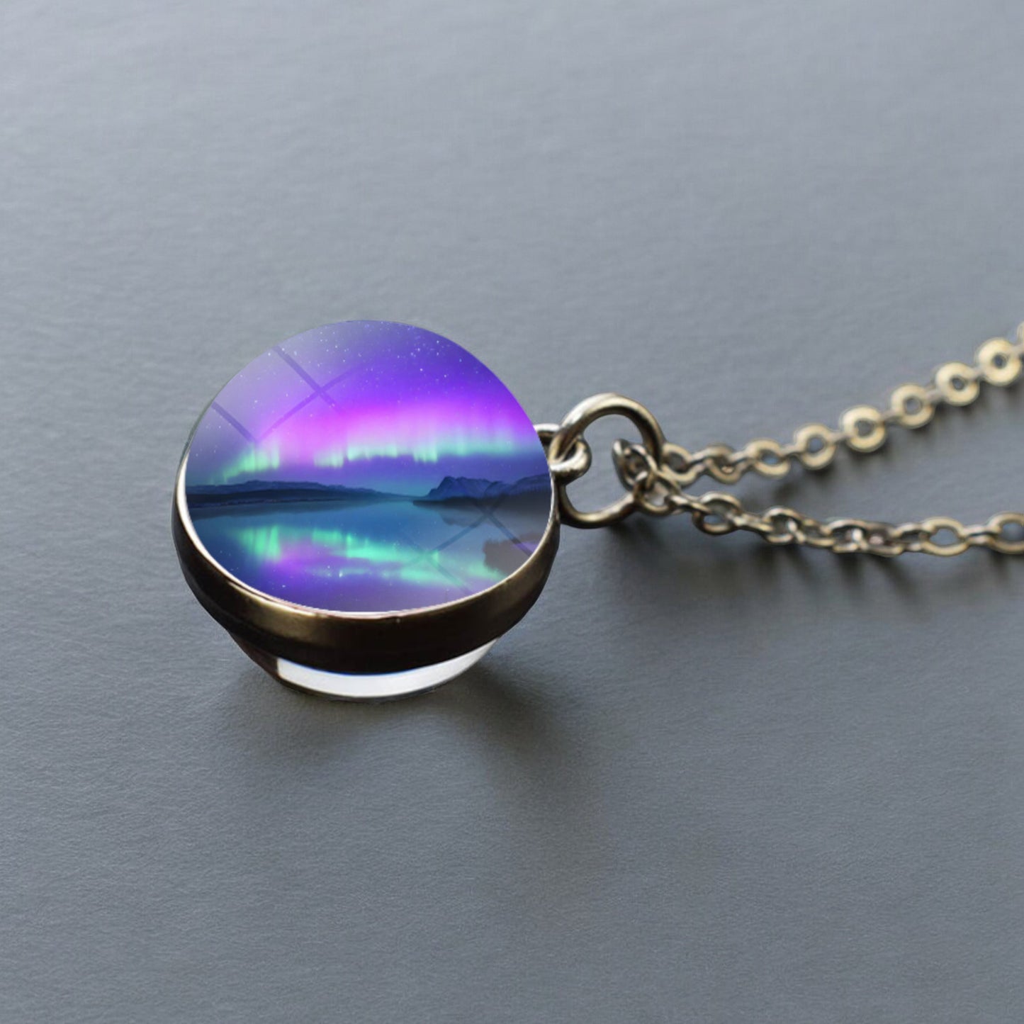 Luminous Aurora Borealis Silver Necklace- Northern Light Jewelry - Unique Double Side Glass Ball Pendent Necklace - Perfect Aurora Lovers Gift