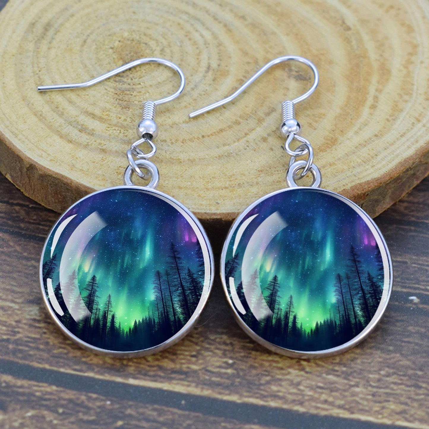 Gaismas Aurora Borealis Drop Auskari - Ziemeļblāzmas rotaslietas - Unikāli stikla Cabochon Dangle Auskari - Perfekta Aurora Lovers dāvana