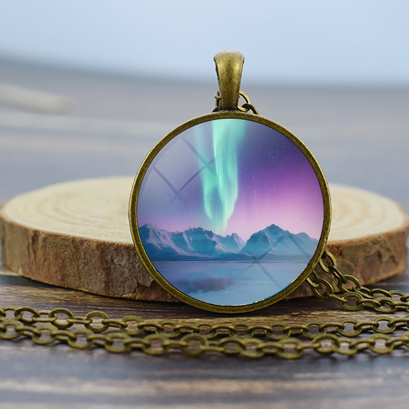 Luminous Aurora Borealis Bronze Necklace - Northern Light Jewelry - Unique Glass Dome Pendent Necklace - Perfect Aurora Lovers Gift