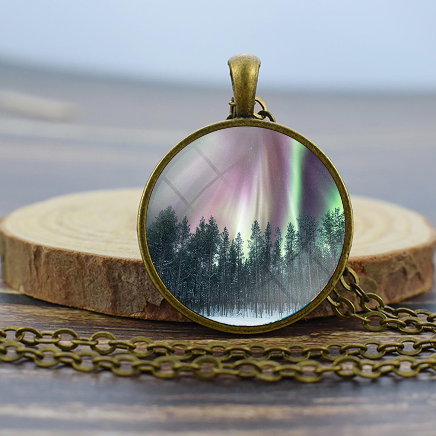 Luminous Aurora Borealis Bronze Necklace - Northern Light Jewelry - Unique Glass Dome Pendent Necklace - Perfect Aurora Lovers Gift