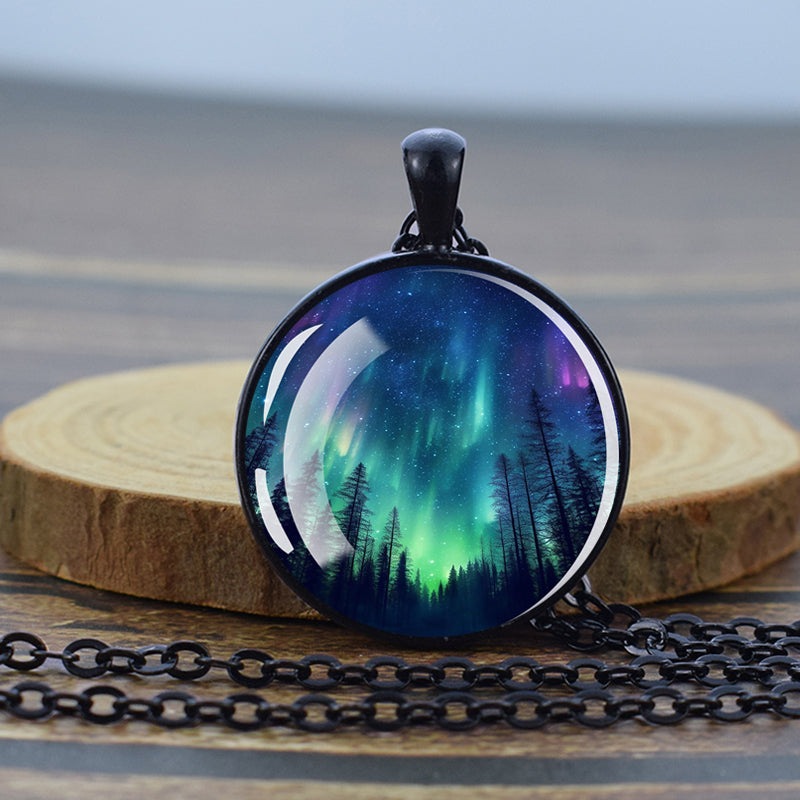 Luminous Aurora Borealis Black Necklace - Northern Light Jewelry - Unique Glass Dome Pendent Necklace - Perfect Aurora Lovers Gift