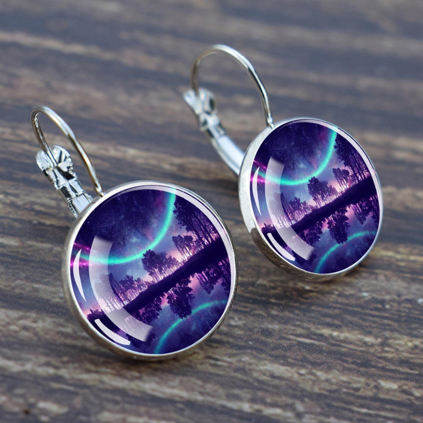 Luminous Aurora Borealis Hook Earrings - Northern Lights Jewelry - Unique Glass Cabochon Drop Earrings - Perfect Aurora Lovers Gift