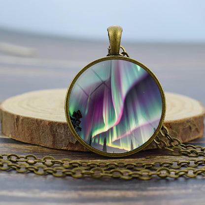 Luminous Aurora Borealis Bronze Necklace - Northern Light Jewelry - Unique Glass Dome Pendent Necklace - Perfect Aurora Lovers Gift