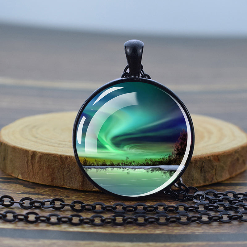 Luminous Aurora Borealis Black Necklace - Northern Light Jewelry - Unique Glass Dome Pendent Necklace - Perfect Aurora Lovers Gift