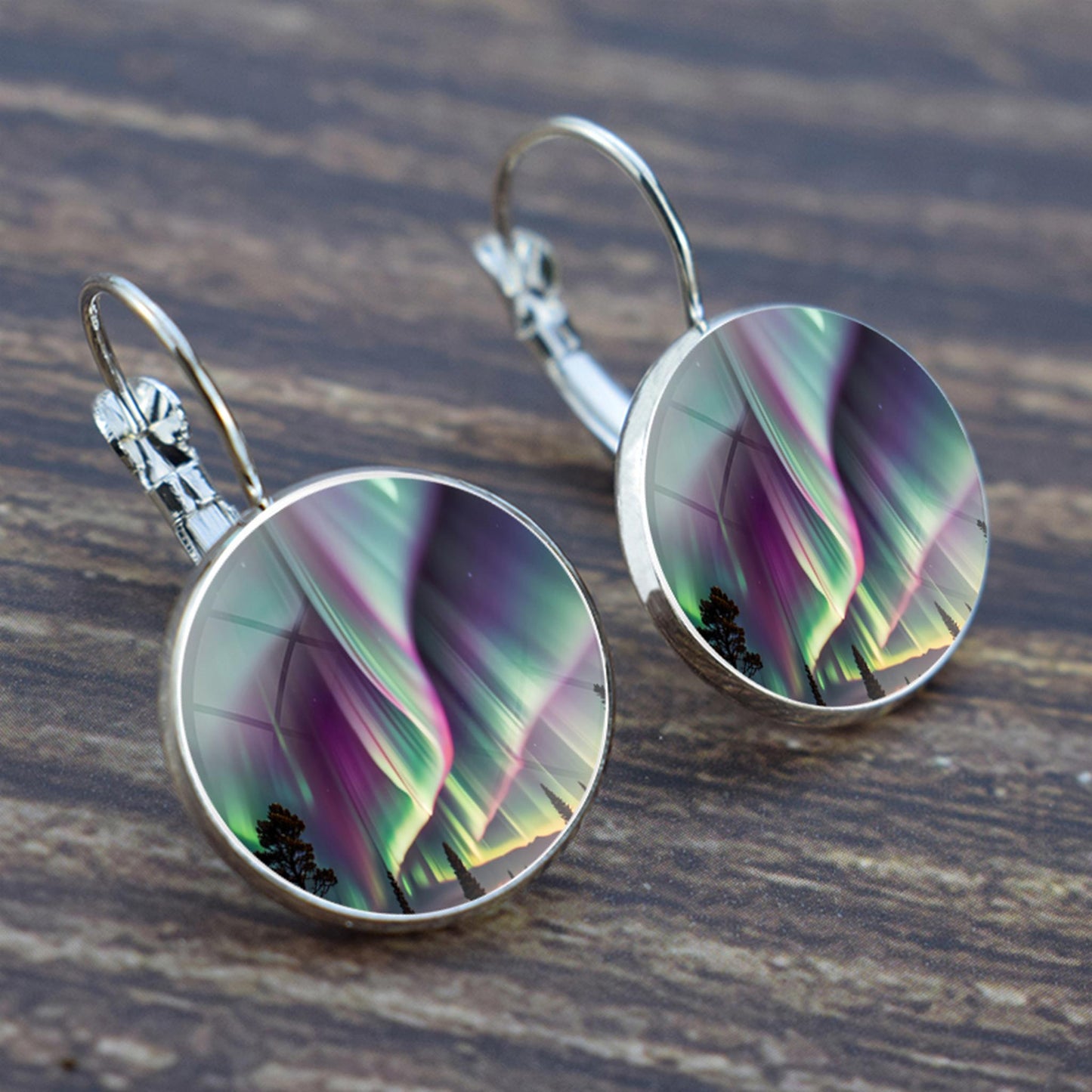 Luminous Aurora Borealis Hook Earrings - Northern Lights Jewelry - Unique Glass Cabochon Drop Earrings - Perfect Aurora Lovers Gift