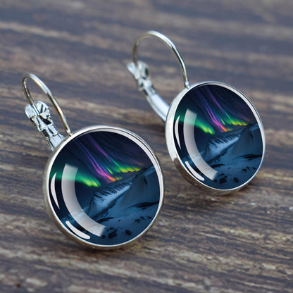 Luminous Aurora Borealis Hook Earrings - Northern Lights Jewelry - Unique Glass Cabochon Drop Earrings - Perfect Aurora Lovers Gift