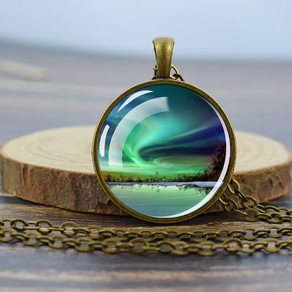 Luminous Aurora Borealis Bronze Necklace - Northern Light Jewelry - Unique Glass Dome Pendent Necklace - Perfect Aurora Lovers Gift