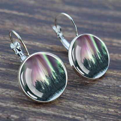 Luminous Aurora Borealis Hook Earrings - Northern Lights Jewelry - Unique Glass Cabochon Drop Earrings - Perfect Aurora Lovers Gift