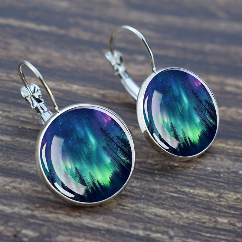 Luminous Aurora Borealis Hook Earrings - Northern Lights Jewelry - Unique Glass Cabochon Drop Earrings - Perfect Aurora Lovers Gift