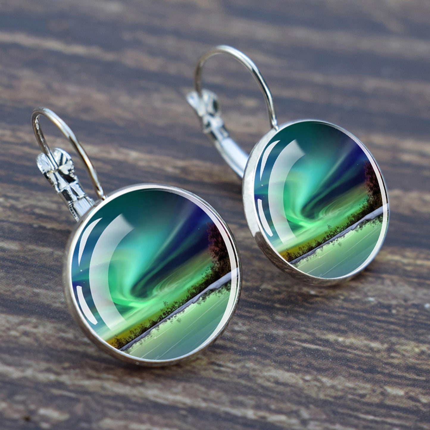 Luminous Aurora Borealis Hook Earrings - Northern Lights Jewelry - Unique Glass Cabochon Drop Earrings - Perfect Aurora Lovers Gift