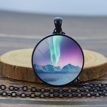 Luminous Aurora Borealis Black Necklace - Northern Light Jewelry - Unique Glass Dome Pendent Necklace - Perfect Aurora Lovers Gift