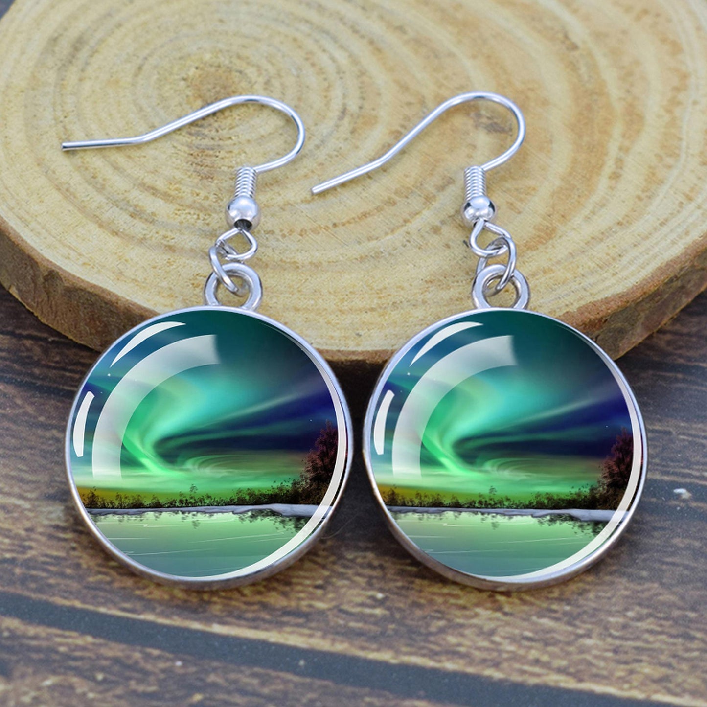 Luminous Aurora Borealis Drop Earrings - Northern Lights Jewelry - Unique Glass Cabochon Dangle Earrings - Perfect Aurora Lovers Gift