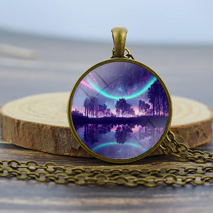 Luminous Aurora Borealis Bronze Necklace - Northern Light Jewelry - Unique Glass Dome Pendent Necklace - Perfect Aurora Lovers Gift