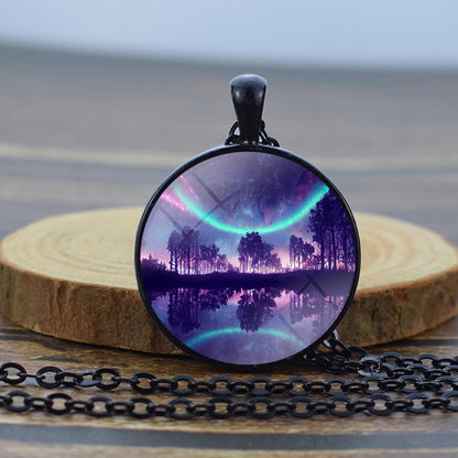 Luminous Aurora Borealis Black Necklace - Northern Light Jewelry - Unique Glass Dome Pendent Necklace - Perfect Aurora Lovers Gift