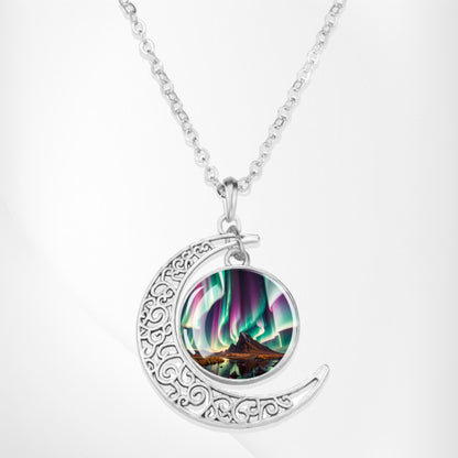 Luminous Aurora Borealis Crescent Necklace- Northern Light Jewelry - Unique Crescent Glass Cabochon Pendent Necklace - Perfect Aurora Lovers Gift