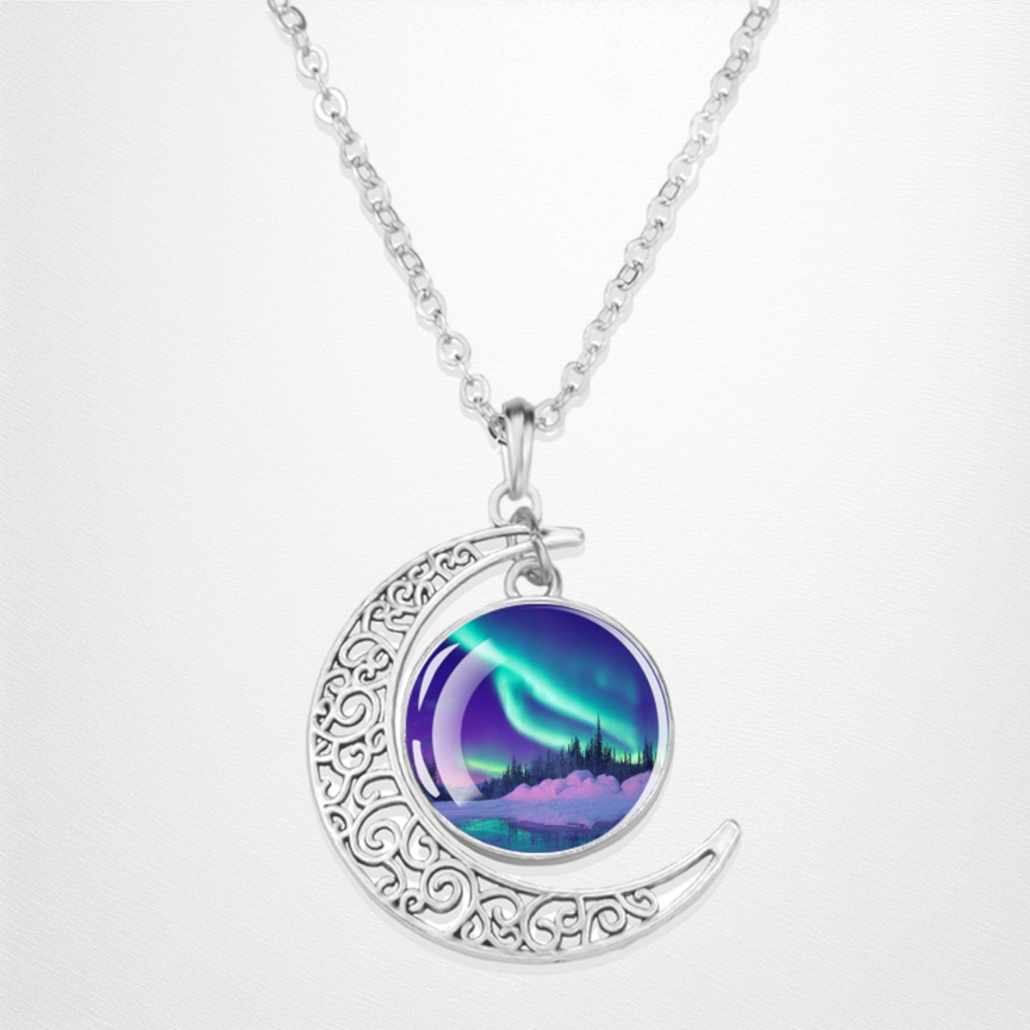 Luminous Aurora Borealis Crescent Necklace- Northern Light Jewelry - Unique Crescent Glass Cabochon Pendent Necklace - Perfect Aurora Lovers Gift