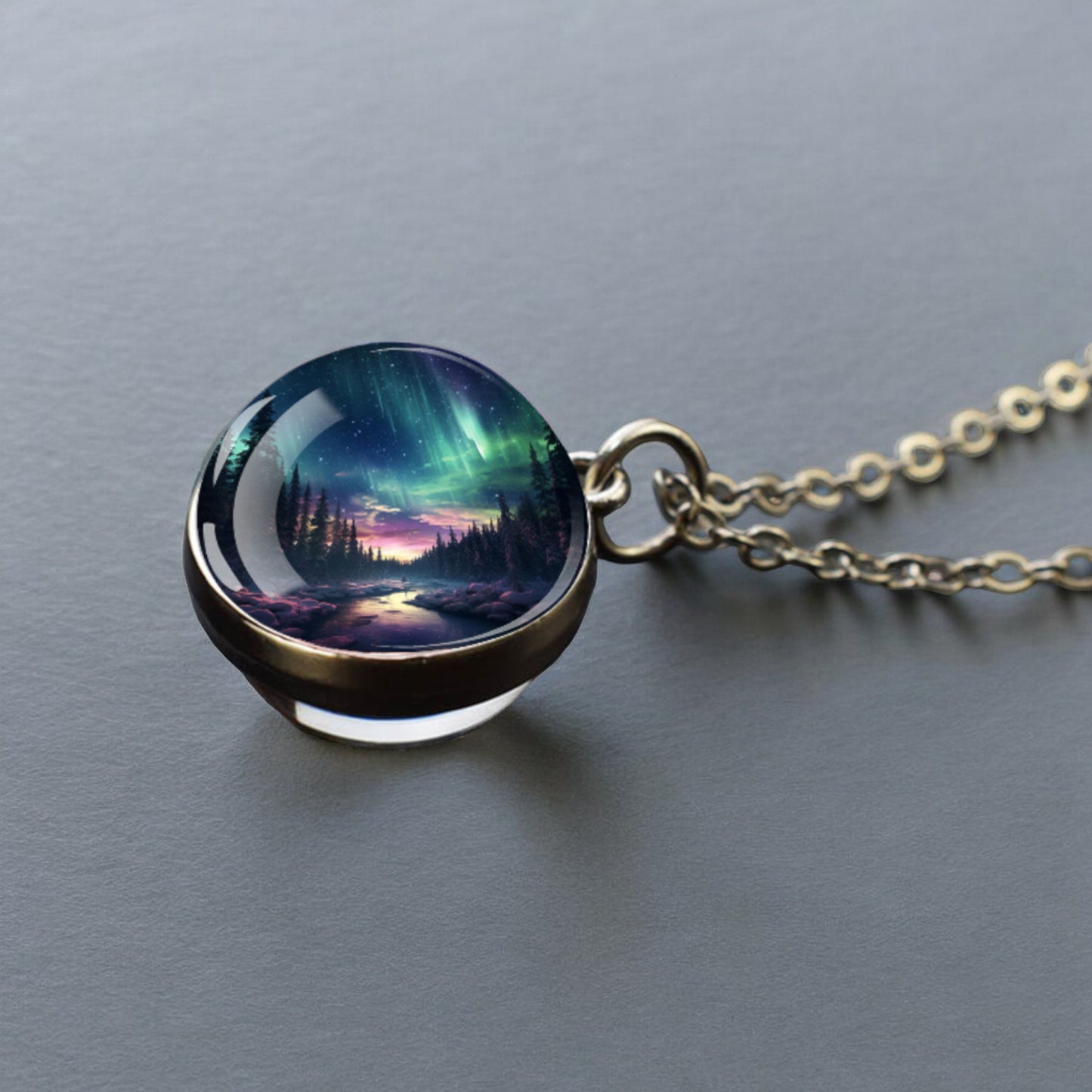 Luminous Aurora Borealis Silver Necklace- Northern Light Jewelry - Unique Double Side Glass Ball Pendent Necklace - Perfect Aurora Lovers Gift