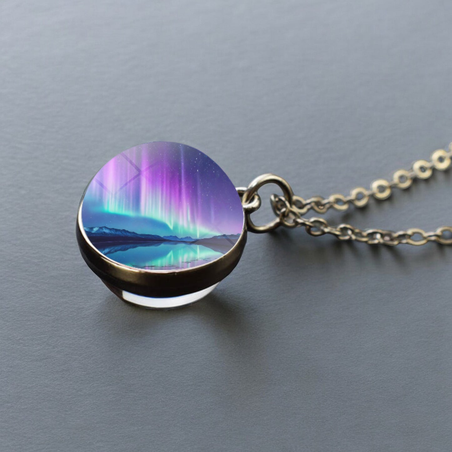 Luminous Aurora Borealis Silver Necklace- Northern Light Jewelry - Unique Double Side Glass Ball Pendent Necklace - Perfect Aurora Lovers Gift