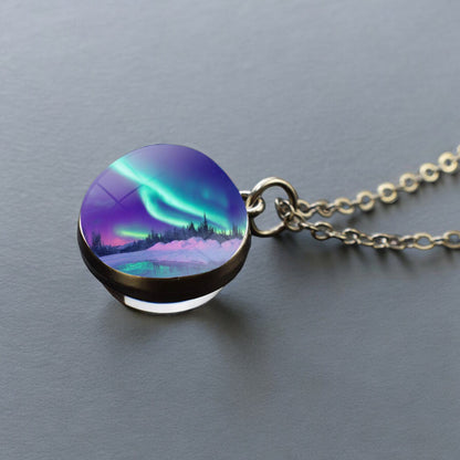 Luminous Aurora Borealis Silver Necklace- Northern Light Jewelry - Unique Double Side Glass Ball Pendent Necklace - Perfect Aurora Lovers Gift