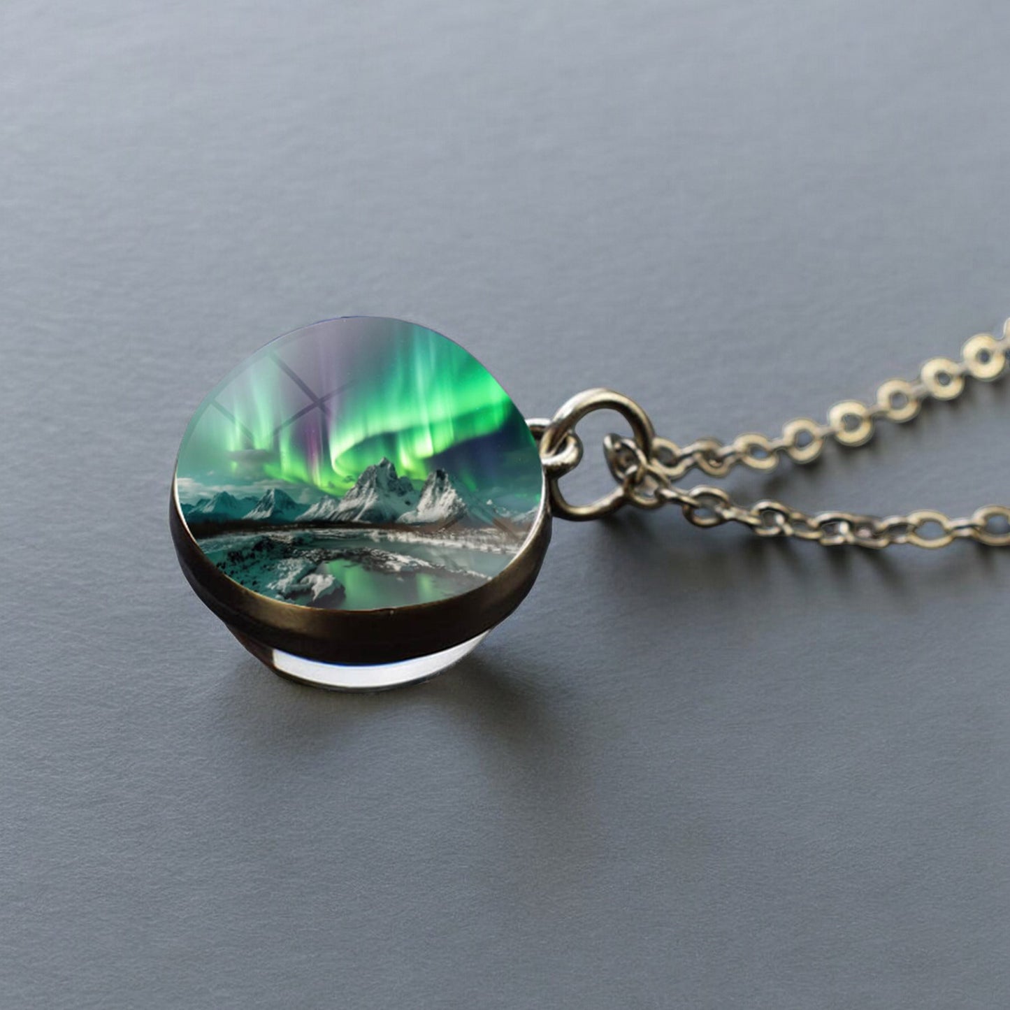 Luminous Aurora Borealis Silver Necklace- Northern Light Jewelry - Unique Double Side Glass Ball Pendent Necklace - Perfect Aurora Lovers Gift