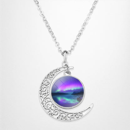 Luminous Aurora Borealis Crescent Necklace- Northern Light Jewelry - Unique Crescent Glass Cabochon Pendent Necklace - Perfect Aurora Lovers Gift