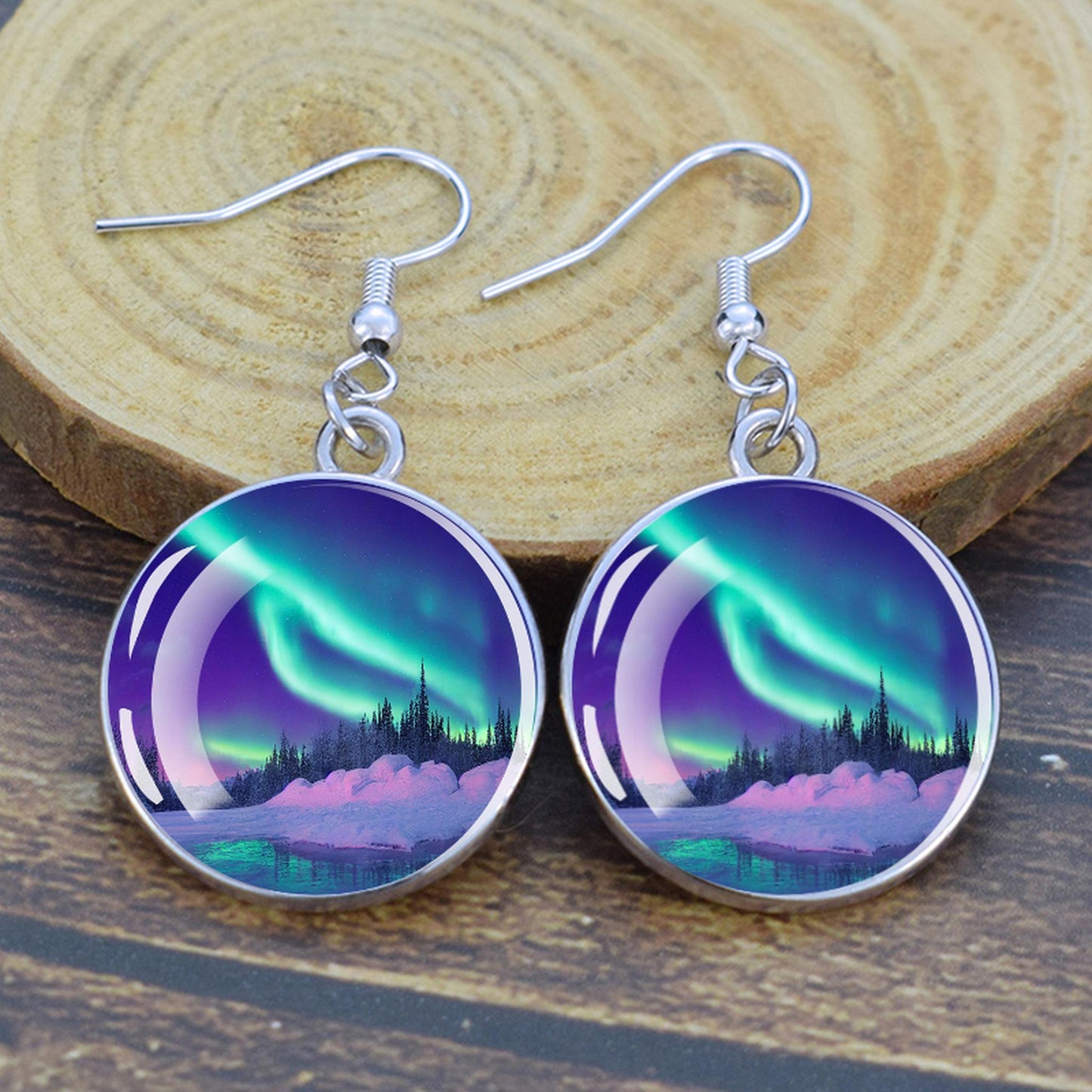 Gaismas Aurora Borealis Drop Auskari - Ziemeļblāzmas rotaslietas - Unikāli stikla Cabochon Dangle Auskari - Perfekta Aurora Lovers dāvana