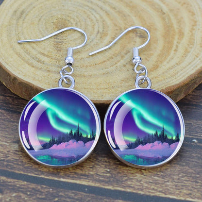 Lýsandi Aurora Borealis dropaeyrnalokkar - Northern Lights Skartgripir - Einstakir Cabochon Dangle eyrnalokkar úr gleri - Fullkomin Aurora Lovers gjöf