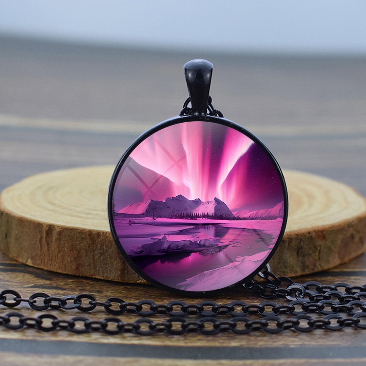 Luminous Aurora Borealis Black Necklace - Northern Light Jewelry - Unique Glass Dome Pendent Necklace - Perfect Aurora Lovers Gift