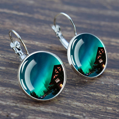 Luminous Aurora Borealis Hook Earrings - Northern Lights Jewelry - Unique Glass Cabochon Drop Earrings - Perfect Aurora Lovers Gift