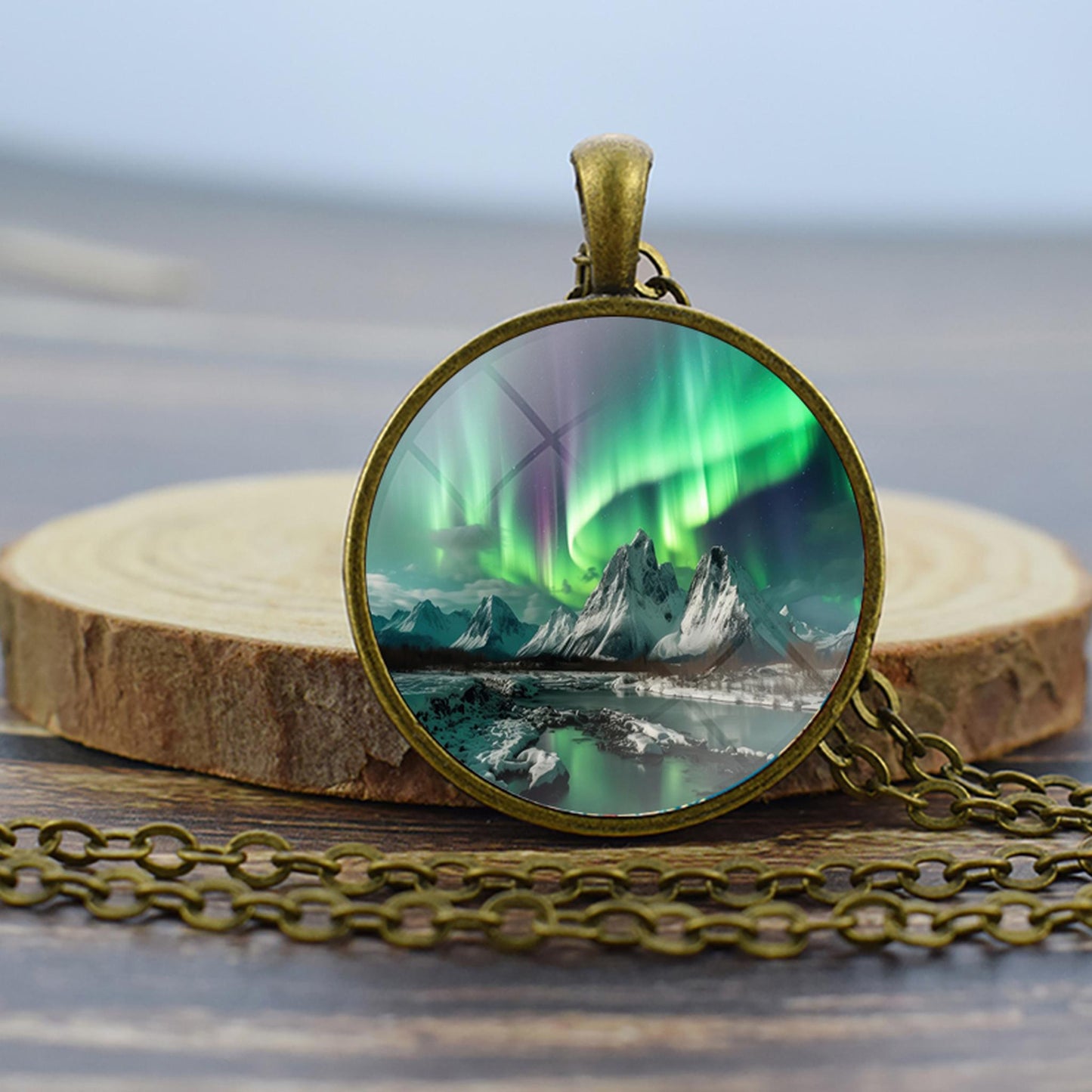 Luminous Aurora Borealis Bronze Necklace - Northern Light Jewelry - Unique Glass Dome Pendent Necklace - Perfect Aurora Lovers Gift