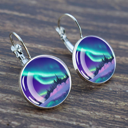 Luminous Aurora Borealis Hook Earrings - Northern Lights Jewelry - Unique Glass Cabochon Drop Earrings - Perfect Aurora Lovers Gift