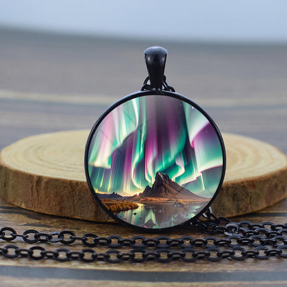 Luminous Aurora Borealis Black Necklace - Northern Light Jewelry - Unique Glass Dome Pendent Necklace - Perfect Aurora Lovers Gift