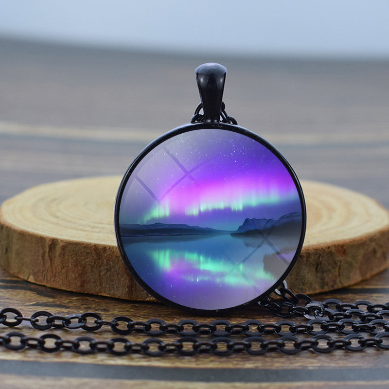 Luminous Aurora Borealis Black Necklace - Northern Light Jewelry - Unique Glass Dome Pendent Necklace - Perfect Aurora Lovers Gift