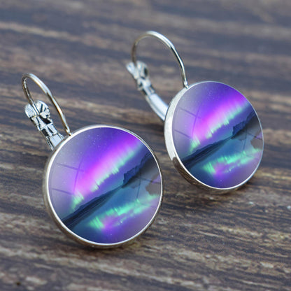 Luminous Aurora Borealis Hook Earrings - Northern Lights Jewelry - Unique Glass Cabochon Drop Earrings - Perfect Aurora Lovers Gift