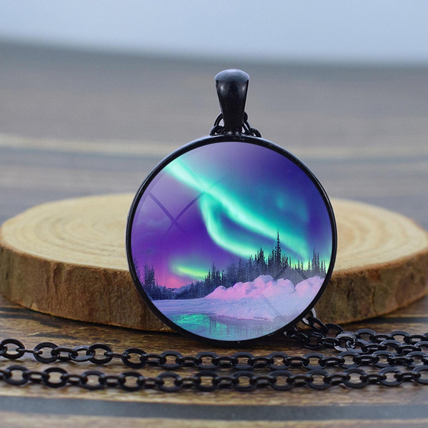 Luminous Aurora Borealis Black Necklace - Northern Light Jewelry - Unique Glass Dome Pendent Necklace - Perfect Aurora Lovers Gift