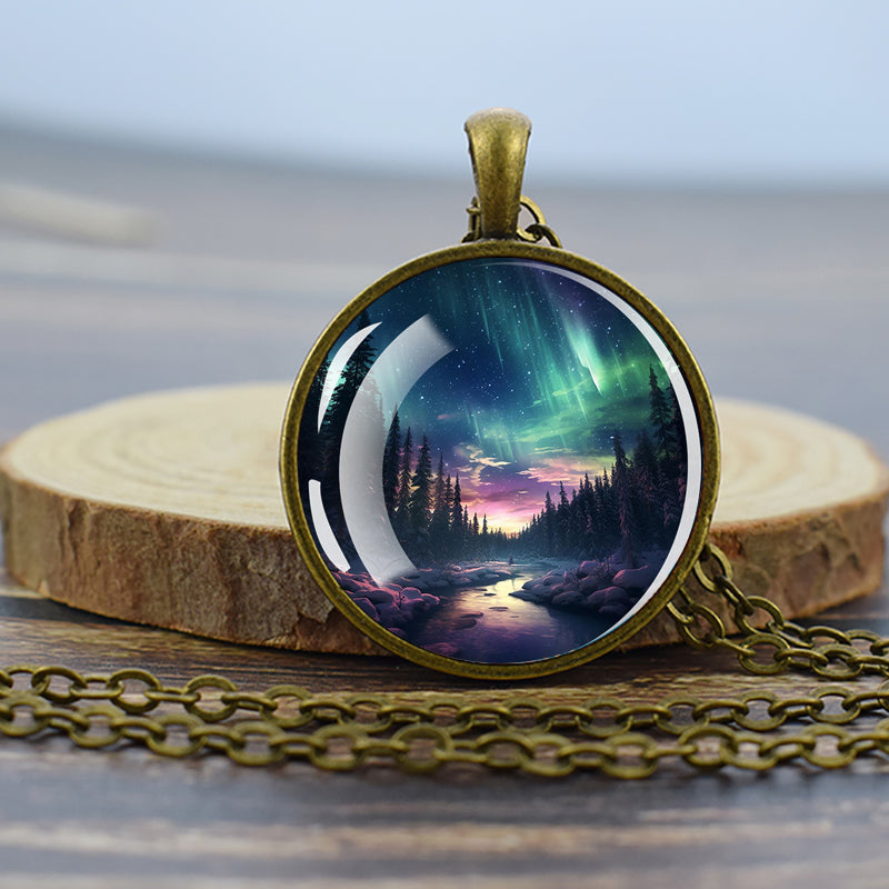 Luminous Aurora Borealis Bronze Necklace - Northern Light Jewelry - Unique Glass Dome Pendent Necklace - Perfect Aurora Lovers Gift