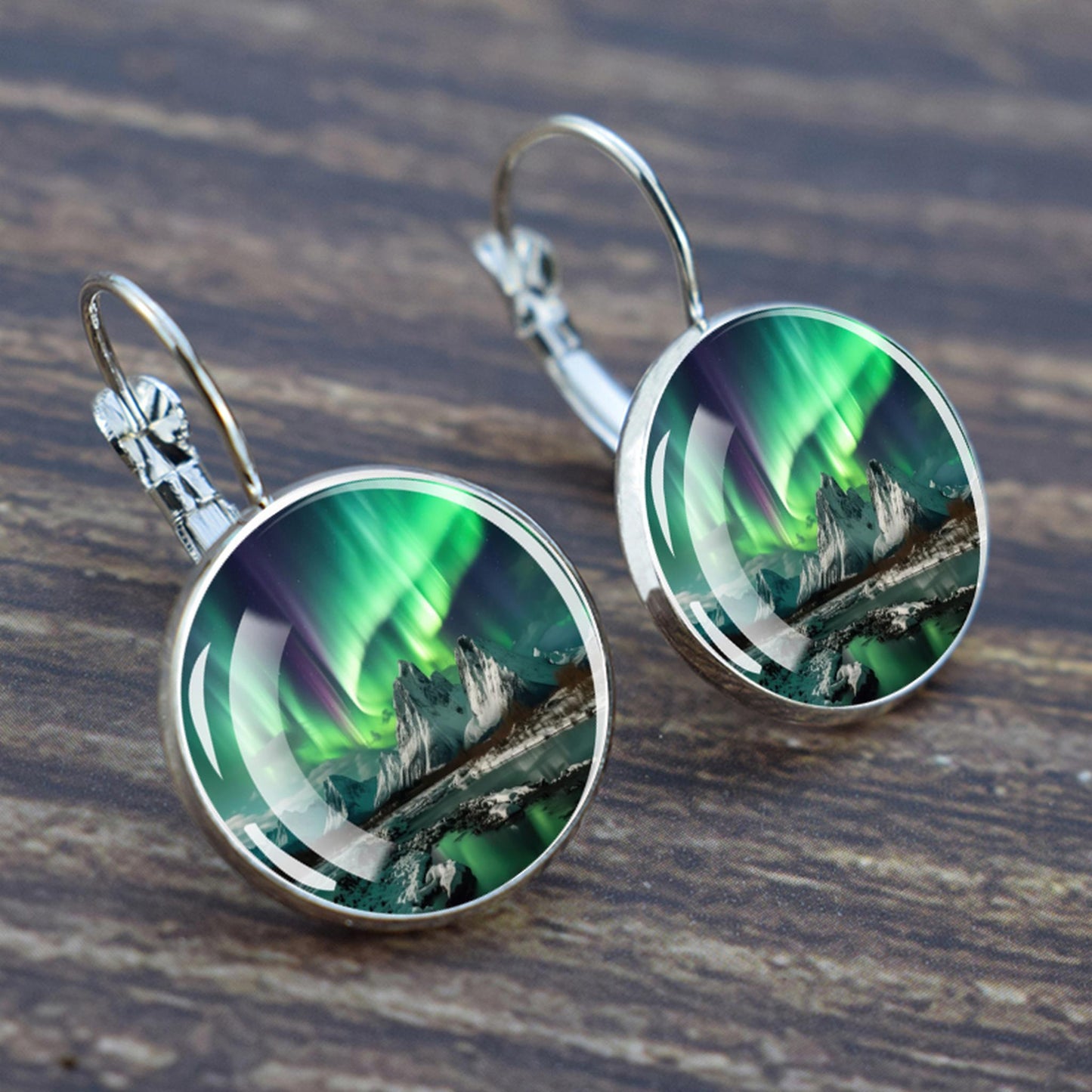 Luminous Aurora Borealis Hook Earrings - Northern Lights Jewelry - Unique Glass Cabochon Drop Earrings - Perfect Aurora Lovers Gift