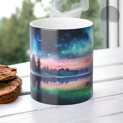 Töfrandi Aurora Borealis hitanæm mál - Northern Lights Magic Color Morphing Mug 11oz - Heat Reactive Night Sky Kaffibolli - Fullkomin gjöf fyrir náttúruunnendur