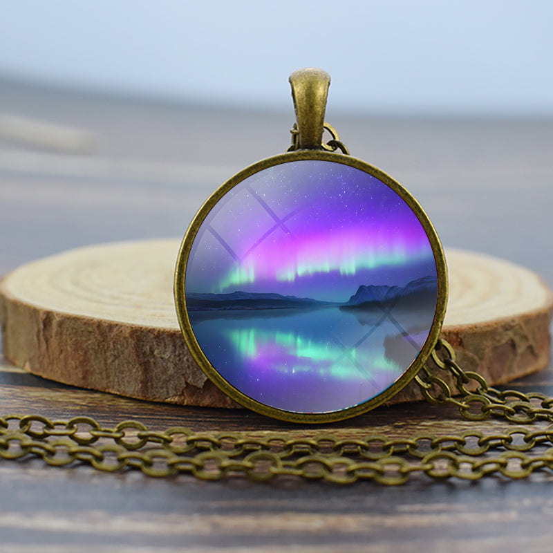 Luminous Aurora Borealis Bronze Necklace - Northern Light Jewelry - Unique Glass Dome Pendent Necklace - Perfect Aurora Lovers Gift