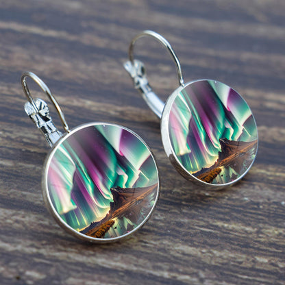 Luminous Aurora Borealis Hook Earrings - Northern Lights Jewelry - Unique Glass Cabochon Drop Earrings - Perfect Aurora Lovers Gift