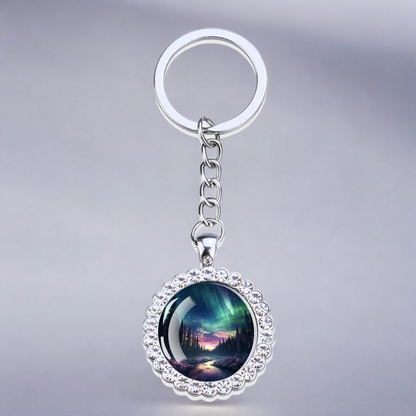 Porte-clés lumineux en argent Aurora Borealis - Bijoux Northern Light - Porte-clés en verre strass - Cadeau parfait pour les amoureux des aurores boréales