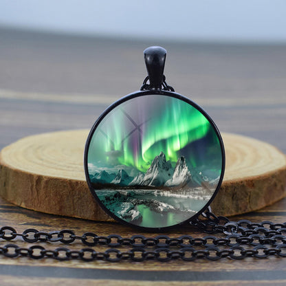 Luminous Aurora Borealis Black Necklace - Northern Light Jewelry - Unique Glass Dome Pendent Necklace - Perfect Aurora Lovers Gift