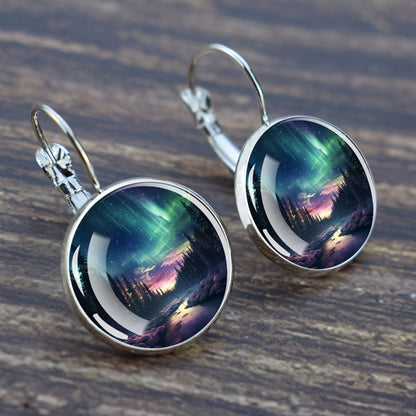 Luminous Aurora Borealis Hook Earrings - Northern Lights Jewelry - Unique Glass Cabochon Drop Earrings - Perfect Aurora Lovers Gift