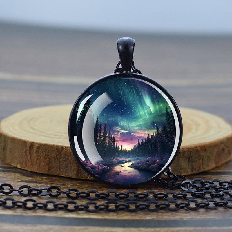 Luminous Aurora Borealis Black Necklace - Northern Light Jewelry - Unique Glass Dome Pendent Necklace - Perfect Aurora Lovers Gift