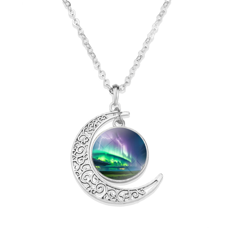 Unique Aurora Borealis Crescent Necklace - Northern Light Jewelry - Crescent Glass Cabochon Pendent Necklace - Perfect Aurora Lovers Gift 25