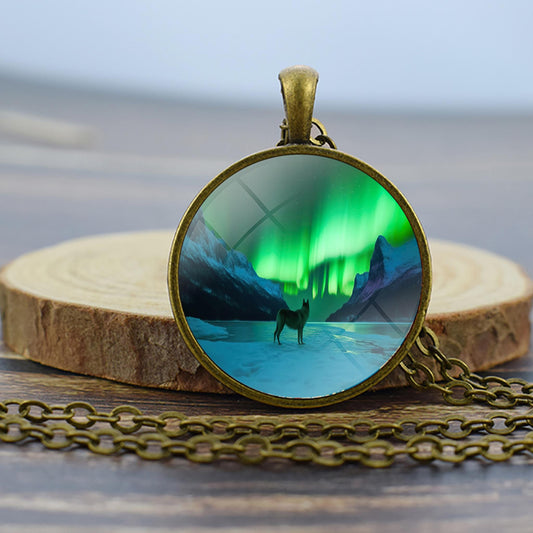 Luminous Aurora Borealis Bronze Necklace - Northern Light Jewelry - Unique Glass Dome Pendent Necklace - Perfect Aurora Lovers Gift